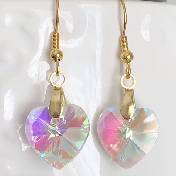 New Crystal AB Dangling Drop Heart Earrings 18K Gold Plated Hooks Handmade Gift - Picture 1 of 5